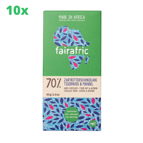 10x fairafric 70 % Zartbitterschokolade Tigernuss & Mandel 80 g